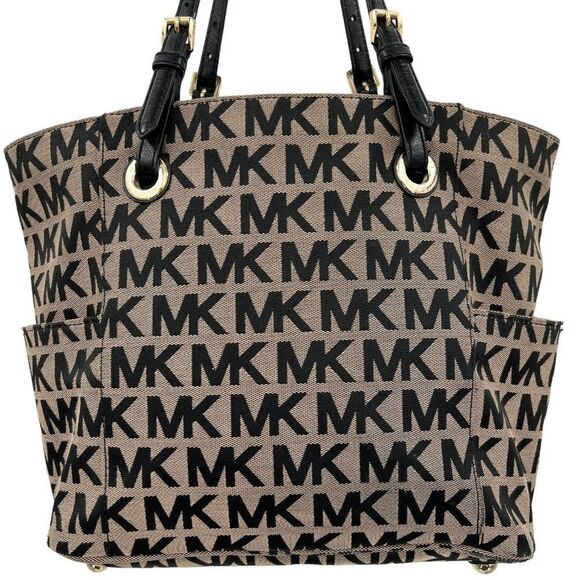 Michael Kors Jet Set Black & Tan Monogram Signature MK Tote Bag - Picture 9 of 16